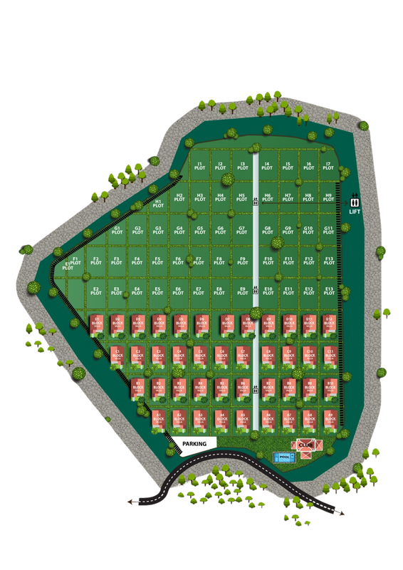 Master plan map showing plots, roads, parking, and green areas with compass rose