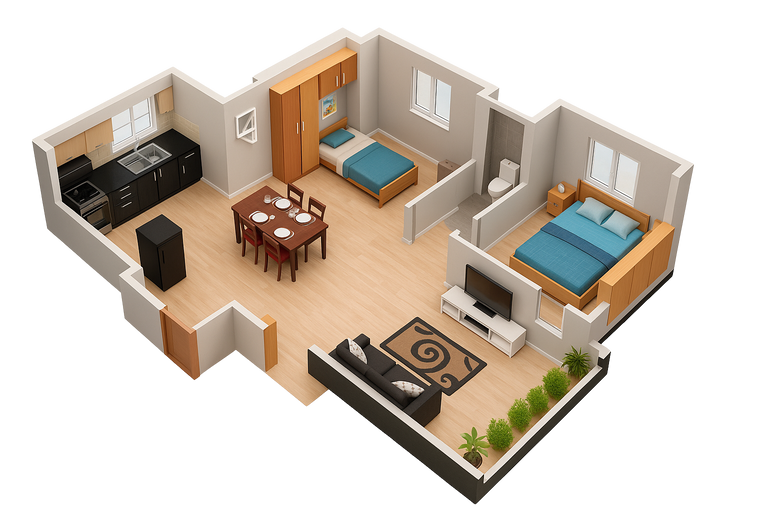 3D floor plan image of 2 BHK villa with kitchen, dining table, living room, two bedrooms, and bathroom